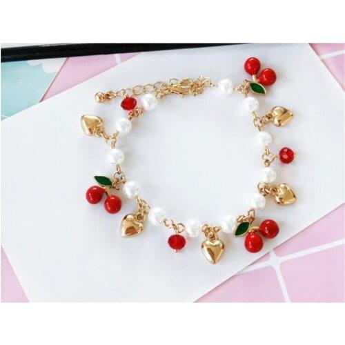 Sweet Lolita Girl Jewelry Accessories Cherry Heart Pendant Pearl Chain Bracelet D161