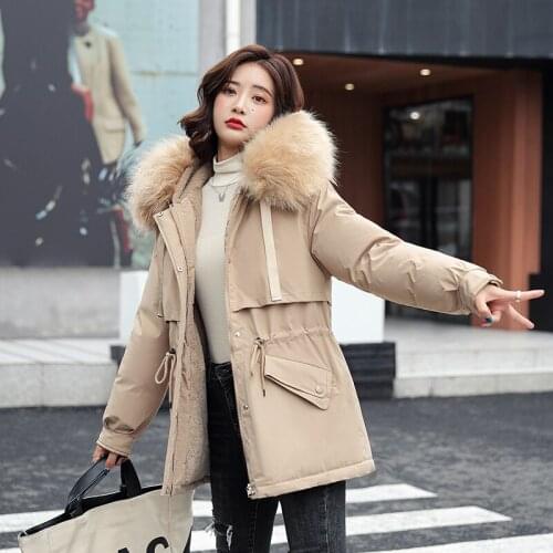 Womens Long Parka Wool Liner Hooded with Fur War Long Sleeve Ladies Winter Jacket Solid Pockets Zipper Coat Coats for Female