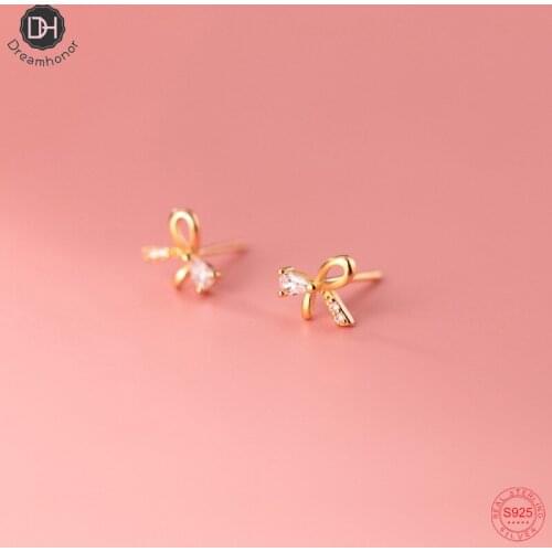 Dreamhonor Silver Gold CZ Zircon Bowknot Stud Earrings for Women 925 Sterling Silver Wedding Jewelry