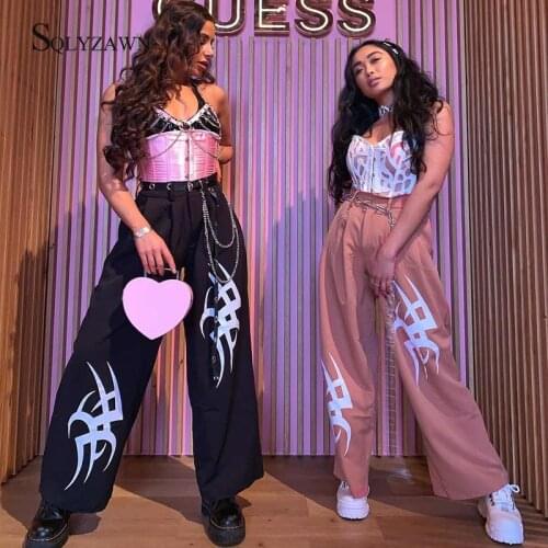 Harajuku High Waist Wide Leg Pants Women Black Printed Casual Loose Ladies Trousers Pink Punk Sweatpants Streetwear Summer 2019