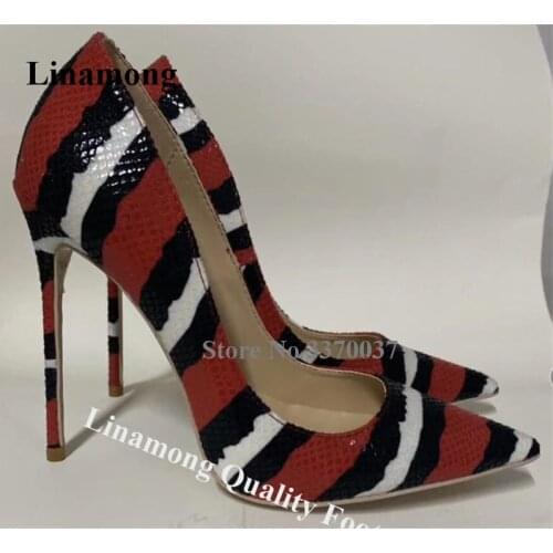 Linamong Newest Brand Pointed Toe Patchwork Stiletto Heel Pumps Red Black White Snake Leather High Heels Dress Shoes Big Size
