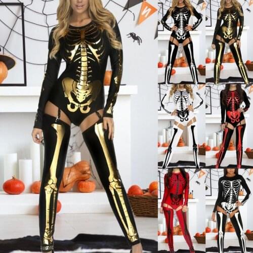 Women Sexy PU One-piece Skull Printed Jumpsuit Tight Socks Skeleton Halloween Costume Party Cosplay Performance Clothes