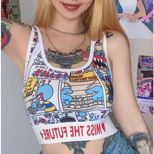 Womens Sexy Crop Tank Top Trendy Printed Casual Elegant Sleeveless Party Vest Top Cute Graffiti Tee Streetwear