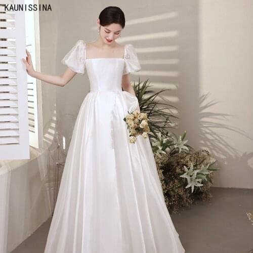 KAUNISSINA Satin Princess Wedding Dresses Women Puff Sleeve Square Collar Bride Romantic Dress Custom Made Simple Bridal Vestido