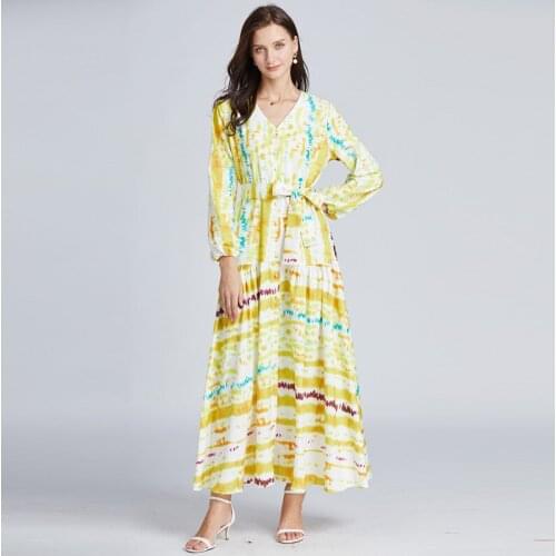 Menahem Runway Yellow Tie-dye Contrast Maxi Dress Women V-neck Lantern Sleeves Printed Ruffled Button Slit Belted Long Vestidos