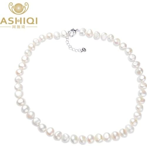 ASHIQI White Natural Baroque pearl choker Necklace 9-10mm Real Freshwater pearl jewelry for women Fashion gift