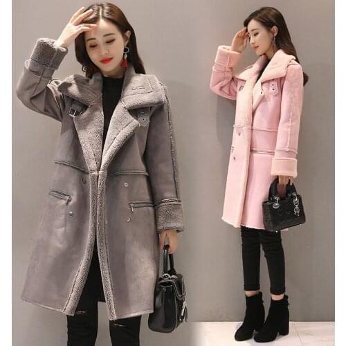 Winter Suede Faux Leather Women Long Coat Lambs Wool Thicken Outerwear