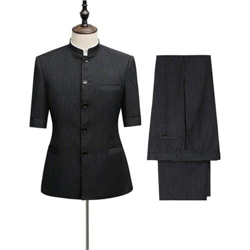 2021 Summer Short Sleeve Blazer Black stripes Masculine Office Uniform Design Garment Factory Fancy Suits Apparel Safari Suit