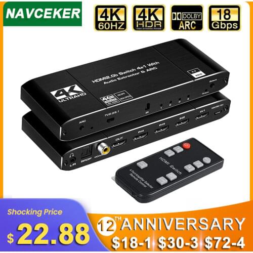 4K HDMI Switcher HDMI 2.0 Switch HDMI audio extractor HDR ARC splitter 4X1 with remote(HDMI in to HDMI+toslink+stereo audio out)