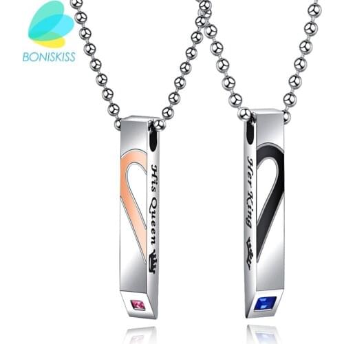 Boniskiss Men And Women Stainless Steel "His Queen" "Her King" Couple Pendant Necklace With CZ Stone For Valentines Day Gift