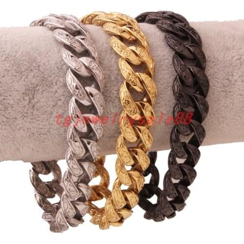 Gold Color Black Color Stainless Steel Casting Curb Link Chain Bracelet Bangle Mens Punk Cuff Jewelry 9"*15mm