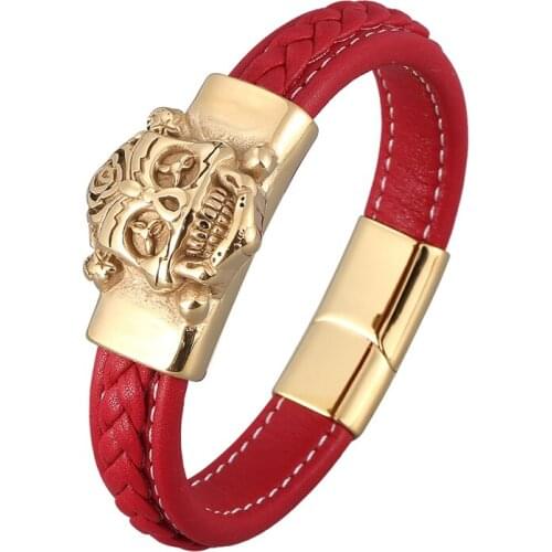 Red Braided Leather Bracelets Men Trendy Jewelry Gold Stainless Steel Skull Magnet Clasp Wristband Male Party Accessories PD0897
