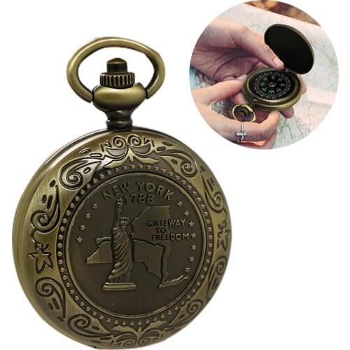 Vintage Bronze Compass Design Pocket Watch Retro Mens And Womens Statue Of Liberty Retro Pocket Watch Compass Camping Cycling