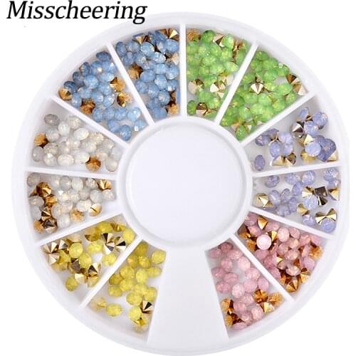 1 Box Opal Colorful Nail Art Rhinestones 3d Golden Sharp Bottom Decorations In Wheel For DIY Nail Designs Manicure Accessories