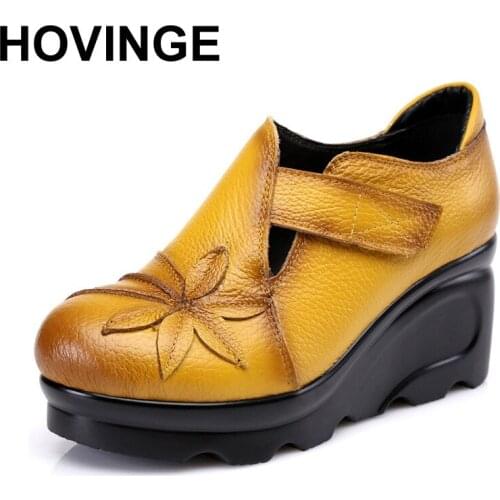 HOVINGE New Arrival 2018 Women Autumn Genuine Leather High Heels Shoes Handmade Vintage Flower Embroidered Wedges Shoes Woman