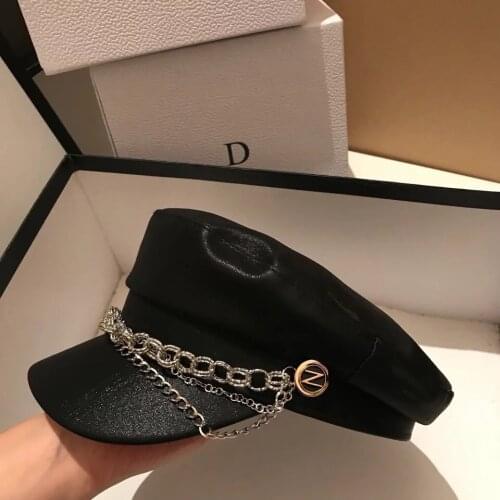 Visor Caps for Women Leather Solid Chain Newsboy Caps Men Spring Autumn Flat Top Octagonal Hats 2021 New Fashion Beret Hats