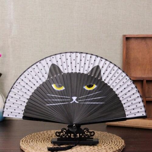 Cat Chinese Cartoon Silk Fashionable Japan Style Hand Fans Popular Lovely Kitty Fan Handheld Folding Women Girls Show Fans