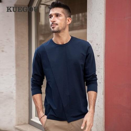 KUEGOU Cotton Spandex Spring Clothing Men‘s T-shirt Long Sleeve Extend Fashion Solid tshirt Patchwork Top Plus Size ZT-88066