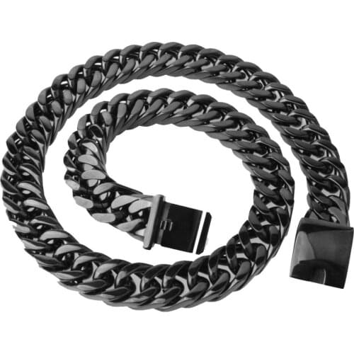 15/17mm 7-40" Hip Hop Square Buckle Stainless Steel Link Black Tone Cut Cuban Curb Chain Mens Boys Necklace Or Bracelet Jewelry