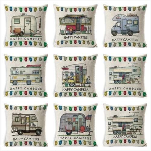 Linen Cushion Cover Happy Campers Throw Pillow Cover Letter Car Pillowcase For Sofa Bedroom Home Decoration 45cm*45cm cojines