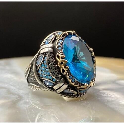 925K Sterling silver Turkish handmade jewelry aquamarine stone mens ring all size