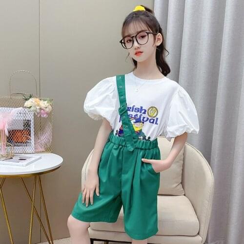 Girls' shoulder bibs bubble sleeves suit trade tide children wear fashionable short-sleeved shorts celebrity two-piece suit