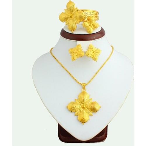 New Ethiopia Women Big Cross Flower Jewelry Set Gold Color Bride Wedding Gifts Copper Plated Gold Fashion Accessories For Women