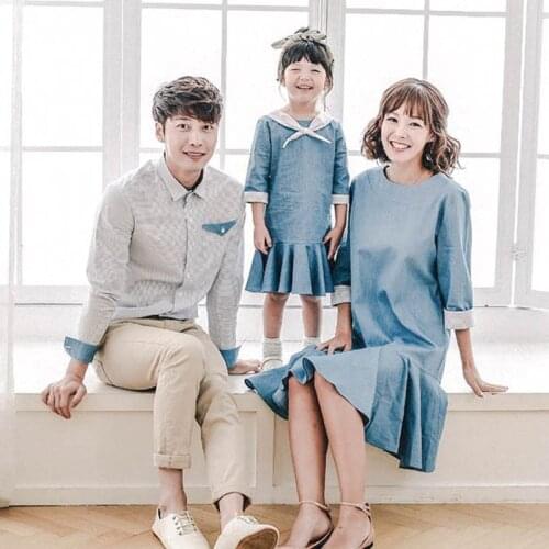 Family Matching Clothes Spring Autumn Mum Daughter Causal Denim Dresses Dad Son Long-sleeved Shirts Family Travelling Photo Sets