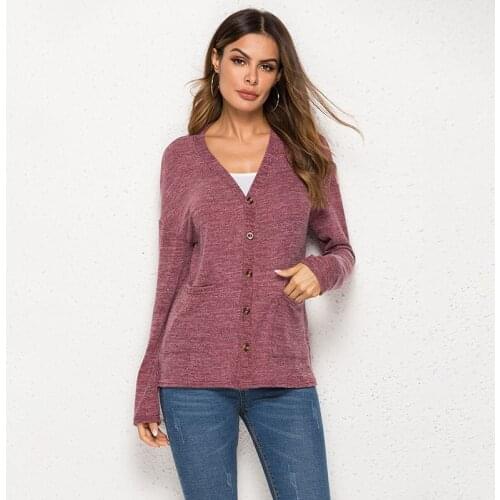 Solid Color Long Sleeve Fashion V Neck Single Breasted Regular Casual Sweaters 2021 New Spring Autumn Women Sweater