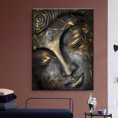 Posters and Prints Head Of Lord Buddha Statue With Golden Leaves Home Decor Wall Art Pictures For Living Room Canvas Painting