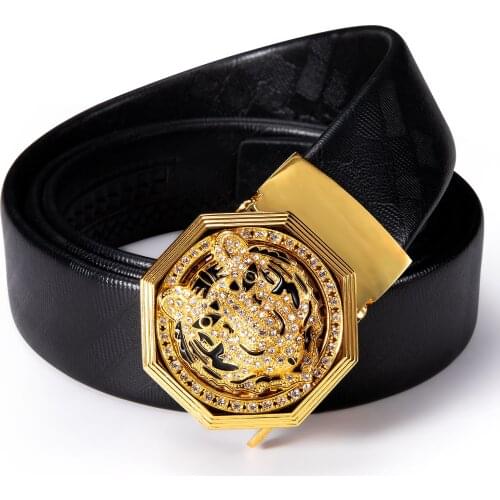 Fashion Gold Tiger Rhineston Belt Men Automatic Buckle Cowskin Waist Strap Casual Luxury Genuine Leather Waistband Barry.Wang