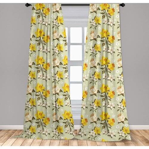 Flower Curtains Classy Spring Floral Narcissus Branch with Dots and Line Artwork Window Treatments for Living Room Bedroom