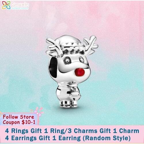 Smuxin 925 Sterling Silver Red Nose Reindeer Charm fit Original Pandora Bracelets for Women Jewelry Making Girl Birthday Gift