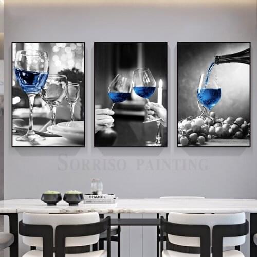 Modern Canvas Painting With Frame Blue Wine Glass Nordic Wall Art Posters And Prints Pictures For Dining Room Home Decoration