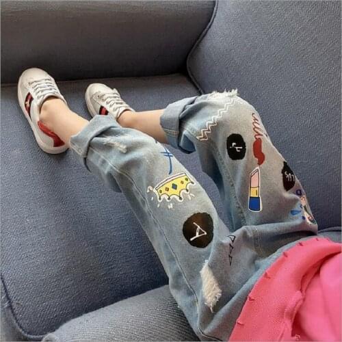 Spring Autumn Girls Cartoon Graffiti Jeans New 2021 Kids' Long Pants Print Casual Loose Hole Jeans For Children Denim Trousers