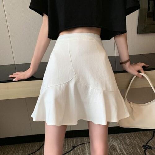 Fashion White Mermaid Mini Skirt Womens 2021 Summer Korean Sweet High Waist A-line Mini Skirt Pleated Ruffles Slim Skirt Street