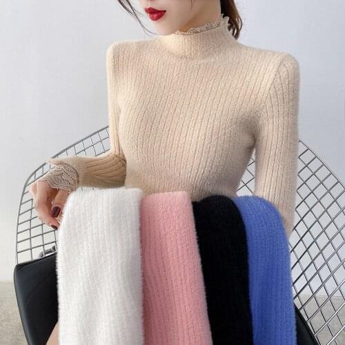 Imitation Mink Velvet Sweater Womens Autumn Winter Turtleneck Lace PatchworkTight-fit Knitted Bottoming Sweater Pullover Female