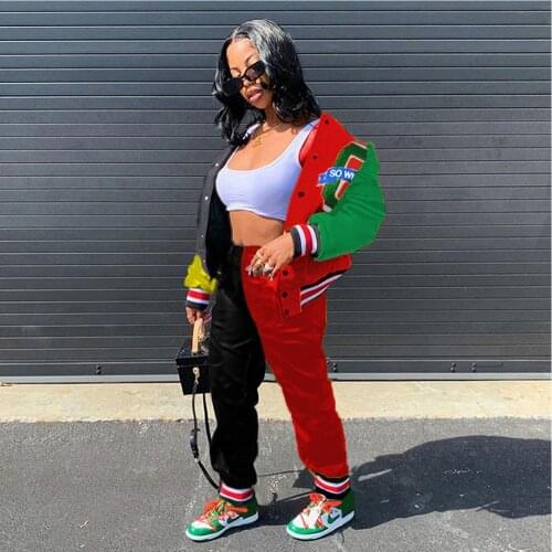 Hip Hop Style Two Piece Set Womens Costume Color Block Long Sleeve Baseball Jacket and Jogger Sweatpant Active Wear Tracksuit