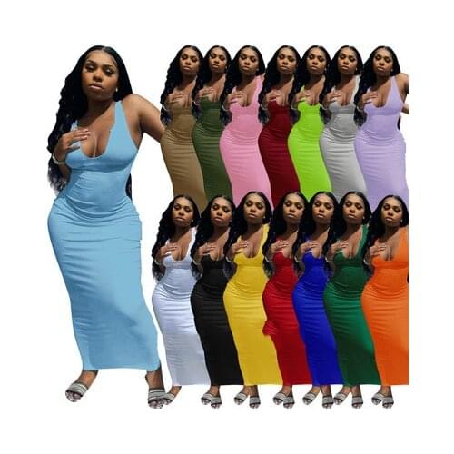 Womens Spring Summer Suspender Vest Deep V-neck Slim Sexy Long Dress Female Pullover Polyester Clothes