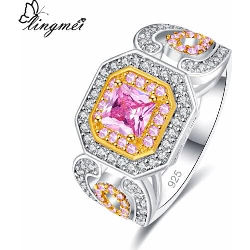 Lingmei Excellent Wedding Band Two Tone Jewelry for Women Gold & Pink & White Zircon Ring Silver Color Size 6-9 Party Nice