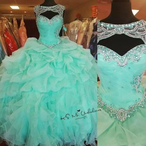 Turquoise Quinceanera Dresses 2020 Sage Cheap Quinceanera Debutante Gowns Organza Ruffles Crystals Prom Sweet 16 Dress Beads