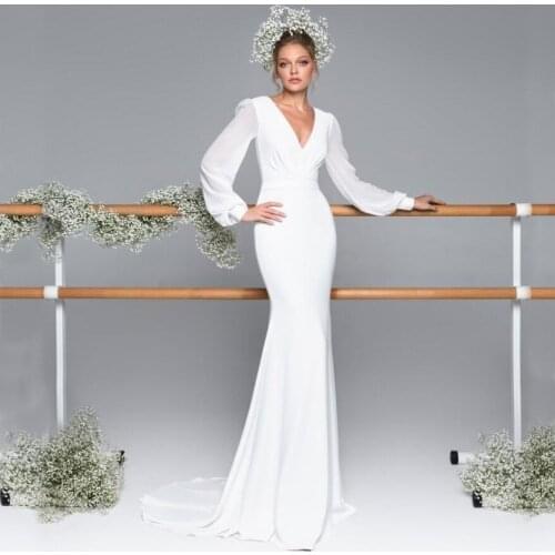 2020 Vintage Wedding Reception Dresses Deep v neck with Long Sleeves Ruched Sheath Vestidos De Novia Bridal Gown