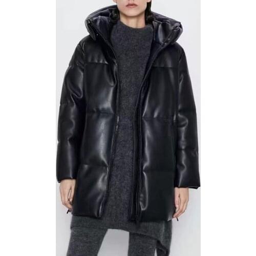 Winter Loose Solid Parkas Women Fashion Hooded Long Coats Women Elegant PU Leather Cotton Jackets Female Ladies