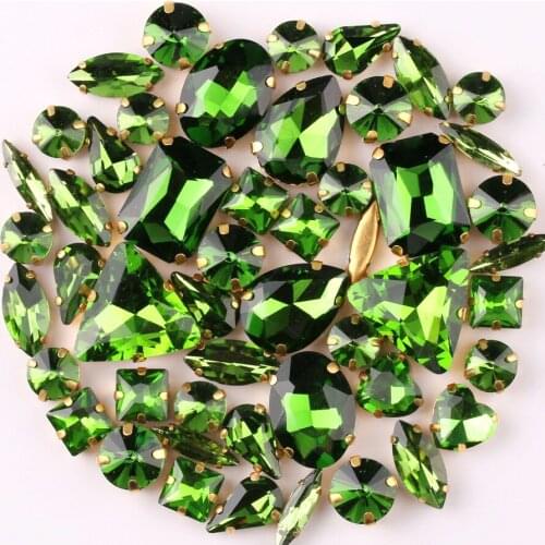 Gold claw setting 50pcs/bag shapes mix Olivine glass crystal sew on rhinestone wedding dress shoes bags diy trim