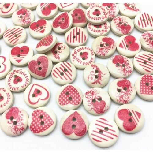 100pcs Red Heart Patterns Mixed Wood Round Buttons 15mm 2 Holes Painted DIY Button Embellishments Crafts Scrapbook Cardmaking