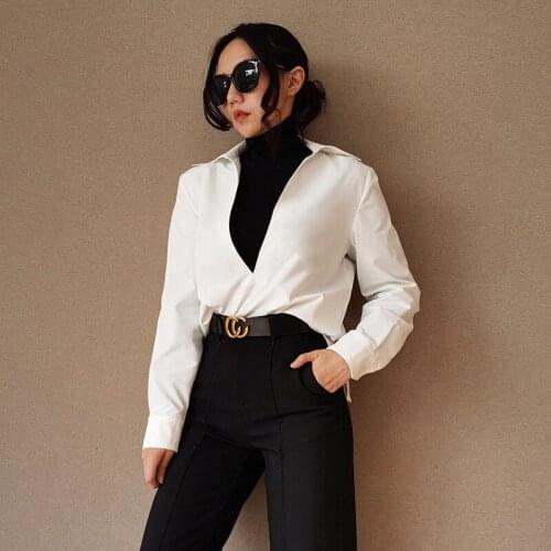 2020 Autumn Winter New Fashion Vintage Streetwear Tops Women Sexy Deep V Neck Long Sleeve Blouse Office Lady Solid Color Shirts