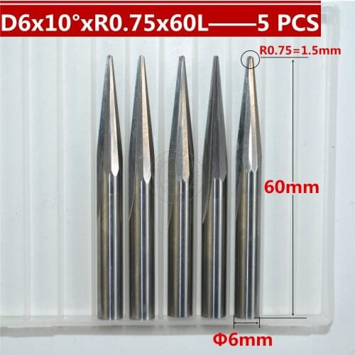 5 PCS-6mm*10°*R0.75*60L,CNC carbide End Mill,woodworking insert router bit,Taper ball nose end milling cutter,deep relief,pvcMDF