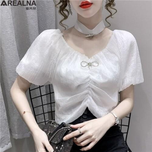 New Sexy Off Shoulder Blouse Women Mesh puff Sleeve white pink Shirts Summer Fashion short Sleeve Lace Frill blouses femme Tops