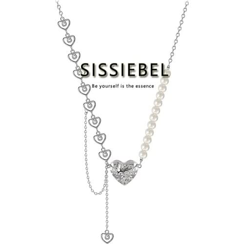 Design Sense Heart-Shaped Pearl Chain Splicing Stainless Steel Necklace For Girls Hip-Hop Clavicle Chain Light Luxury Neck Chain