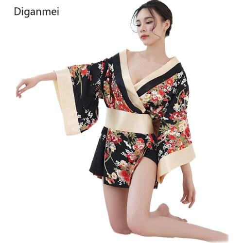 Black sexy kimonos dress Japan style Cherry blossoms cosplay Japanese traditional kimono woman bathrobe geisha clothing